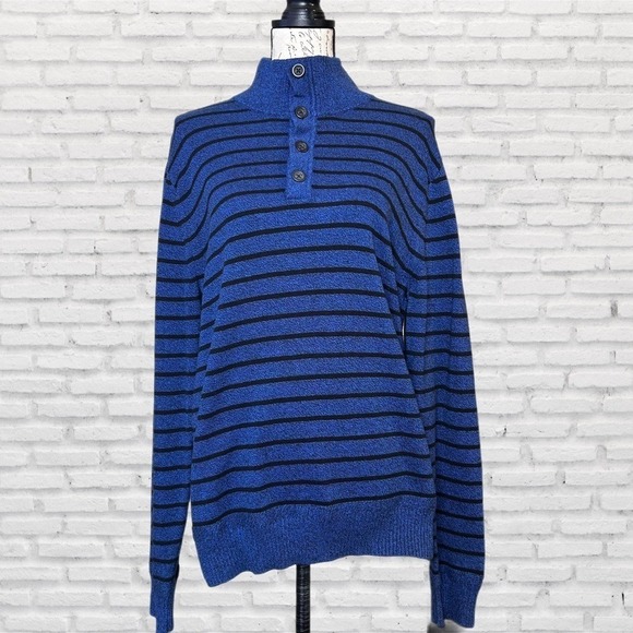 American Eagle Mens Blue Striped Button Mock Neck Cotton Sweater Large NEW - Picture 2 of 8
